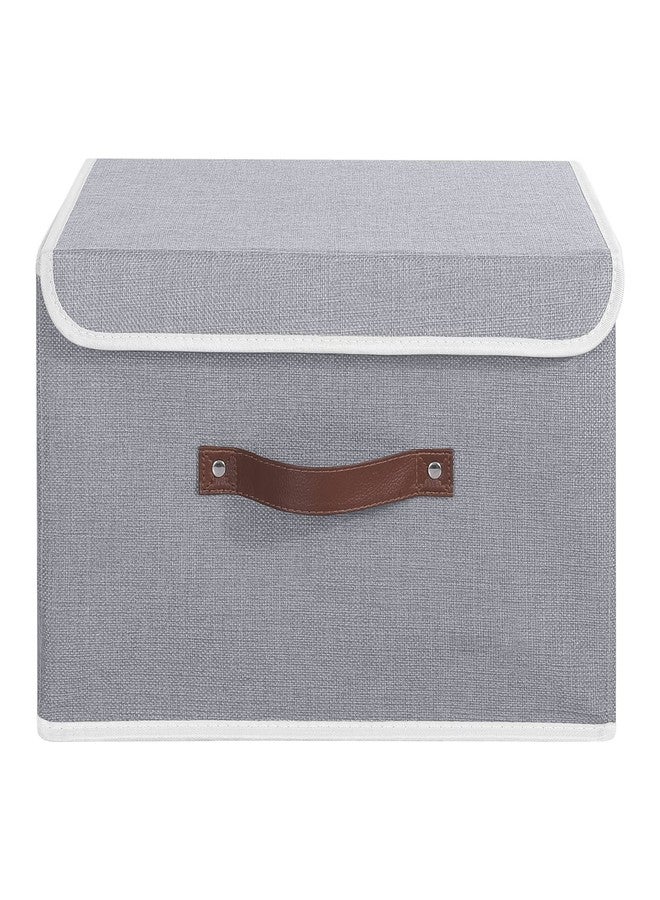 ANMINY Storage Bin with Lid Storage Boxes with PU Leather Handles PP Plastic Board Decorative Foldable Lidded Cotton Linen Fabric Home Cubes Baskets Closet Organizer Container - Gray, Large Size - Image 2