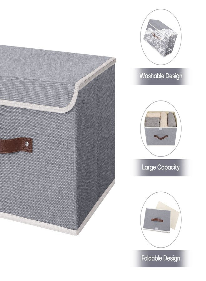 ANMINY Storage Bin with Lid Storage Boxes with PU Leather Handles PP Plastic Board Decorative Foldable Lidded Cotton Linen Fabric Home Cubes Baskets Closet Organizer Container - Gray, Large Size - Image 4