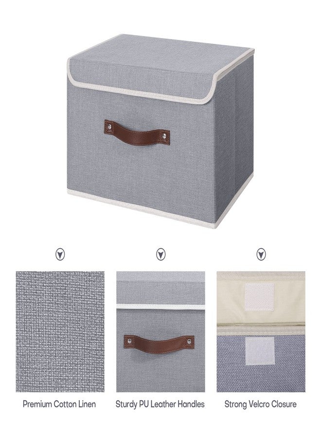 ANMINY Storage Bin with Lid Storage Boxes with PU Leather Handles PP Plastic Board Decorative Foldable Lidded Cotton Linen Fabric Home Cubes Baskets Closet Organizer Container - Gray, Large Size - Image 3