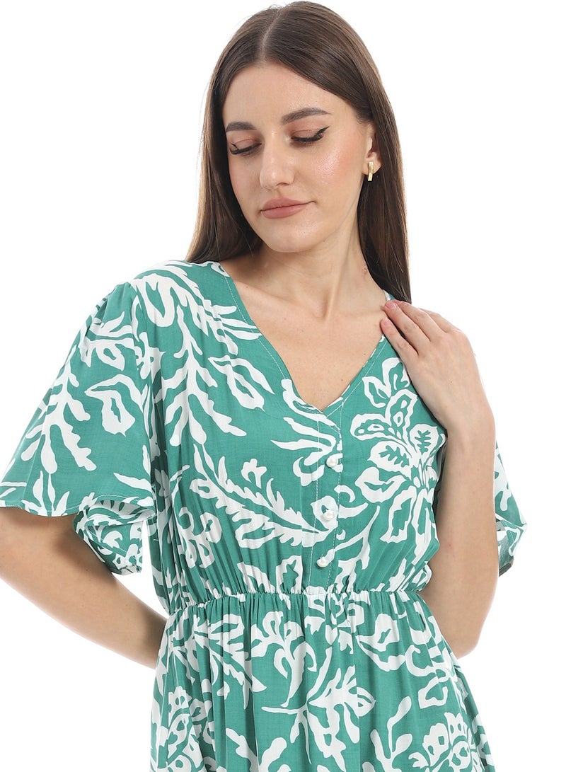 Andora Short Bell Sleeves V-Neck Dress_Green & White - Image 5