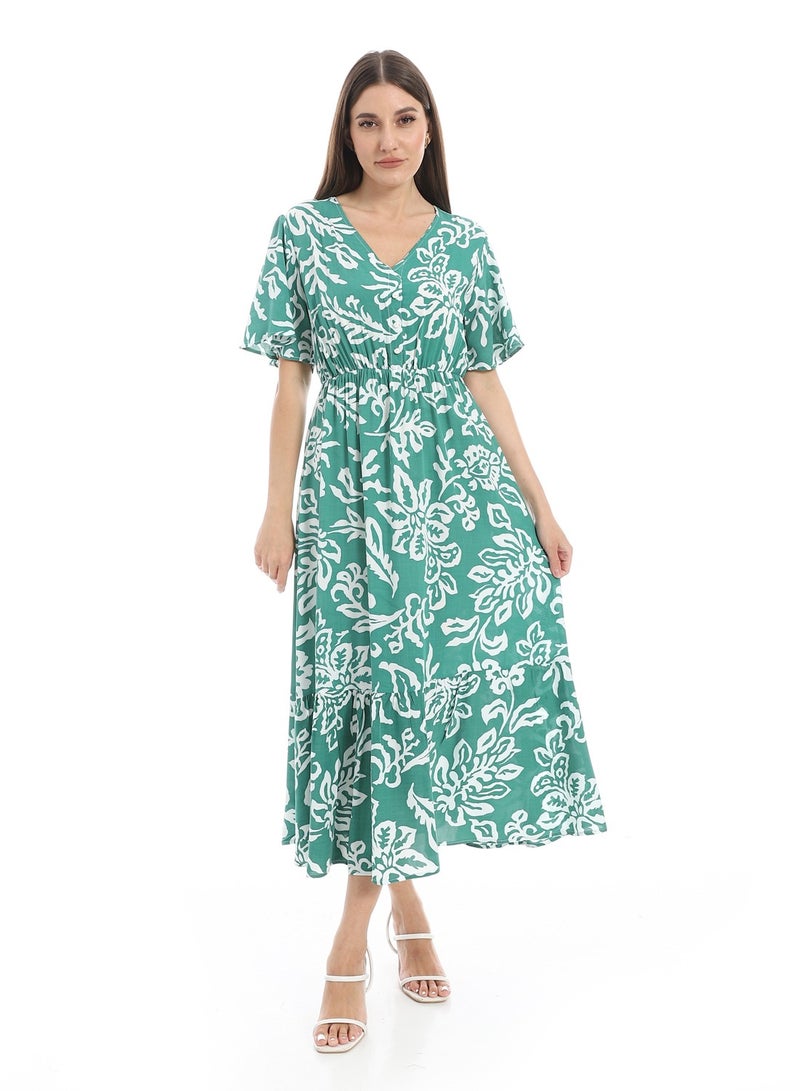 Andora Short Bell Sleeves V-Neck Dress_Green & White - Image 1