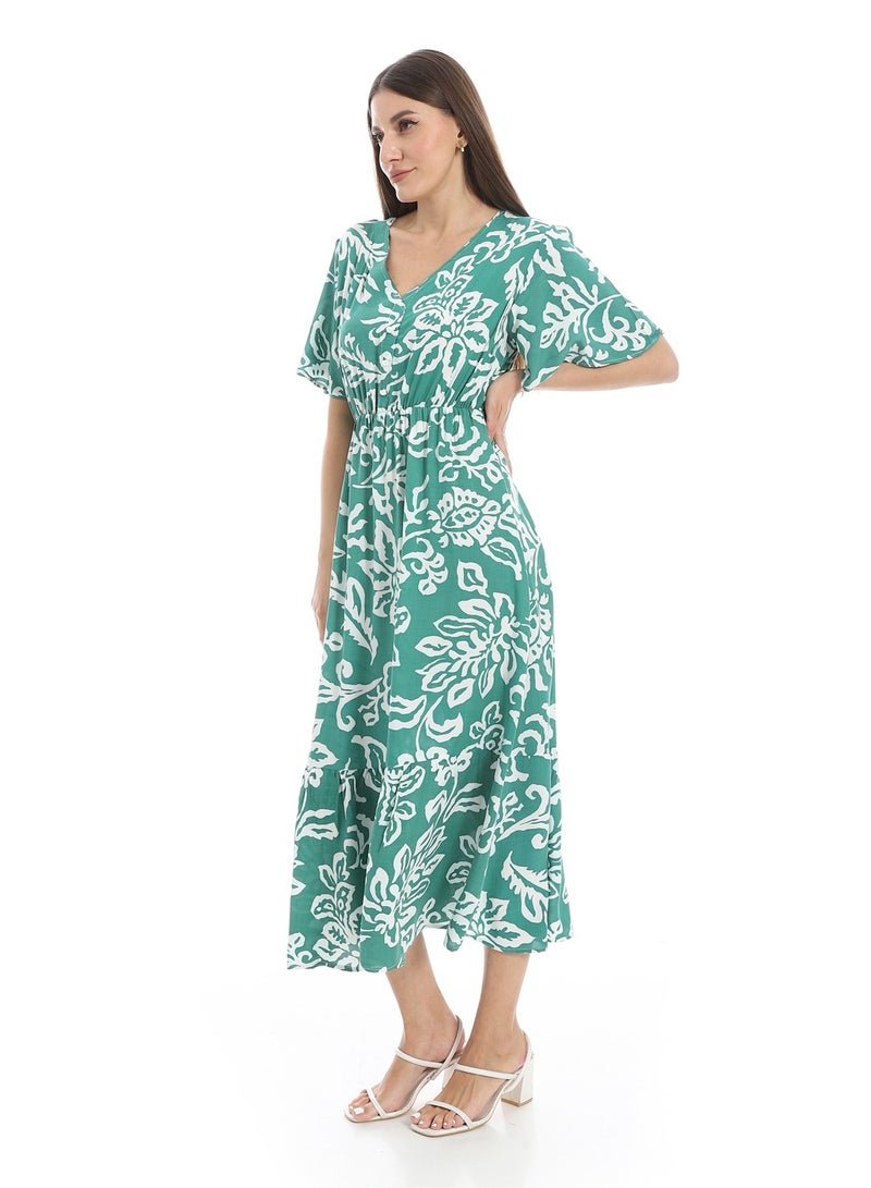 Andora Short Bell Sleeves V-Neck Dress_Green & White - Image 2