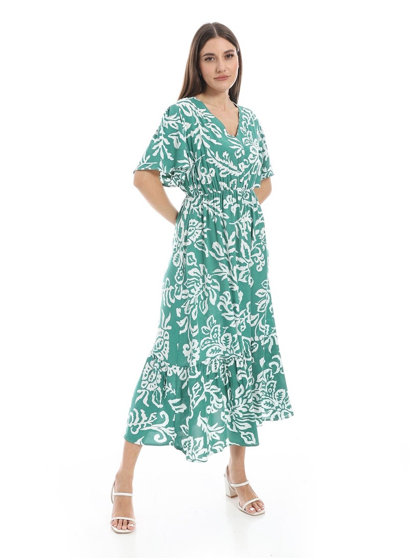 Andora Short Bell Sleeves V-Neck Dress_Green & White - Image 3