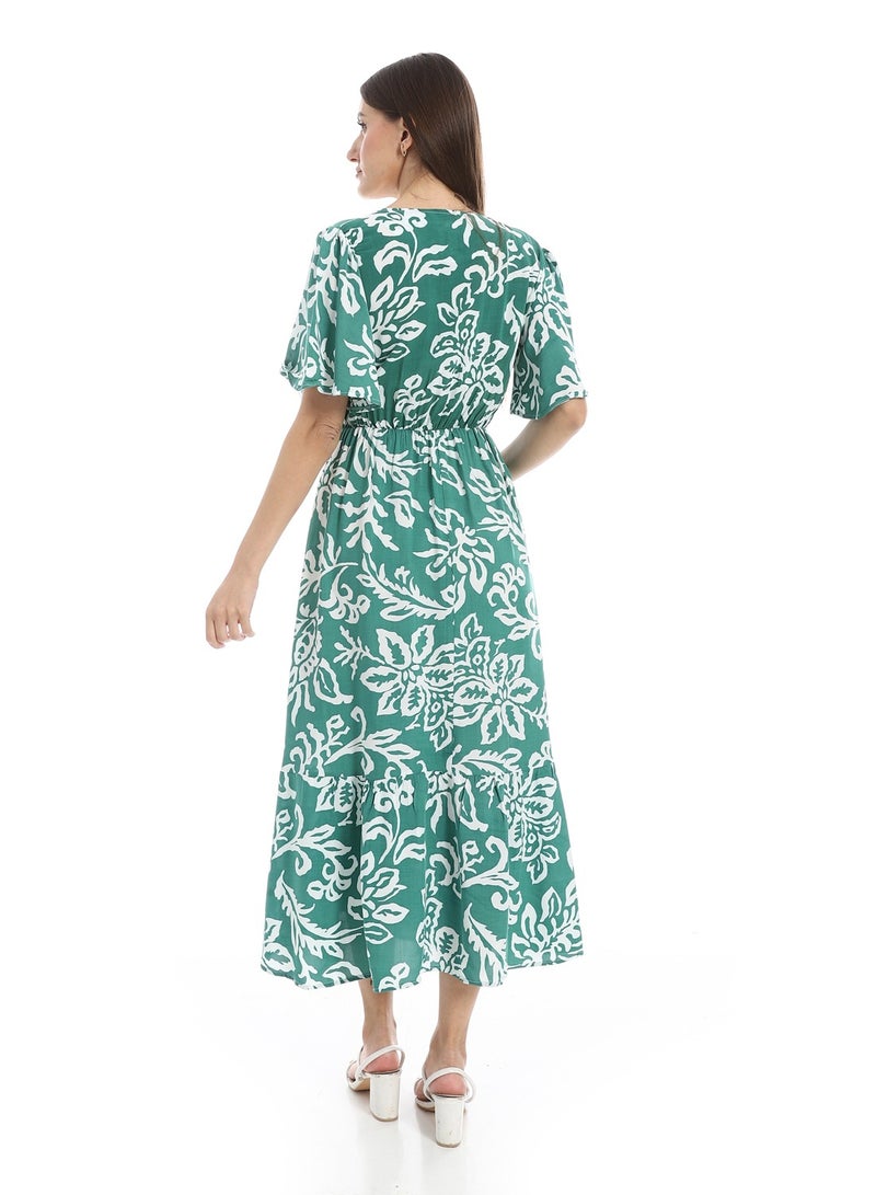Andora Short Bell Sleeves V-Neck Dress_Green & White - Image 4