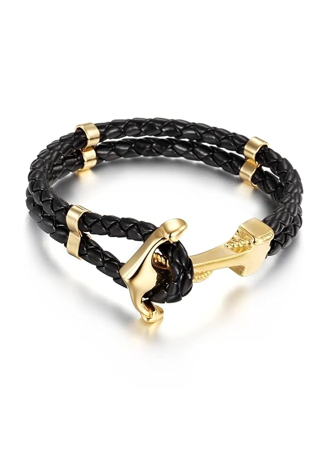 Metallic Steel Anchor Design Mounted On Genuine Double Braided Leather Bracelet For The Sailing Enthusiasts