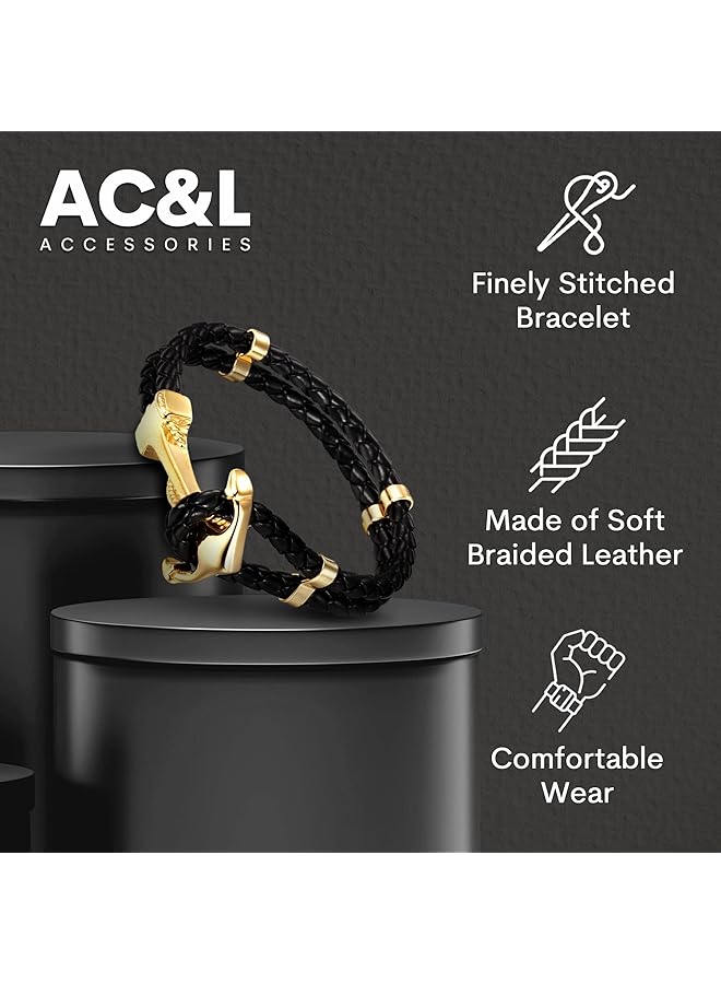 Metallic Steel Anchor Design Mounted On Genuine Double Braided Leather Bracelet For The Sailing Enthusiasts