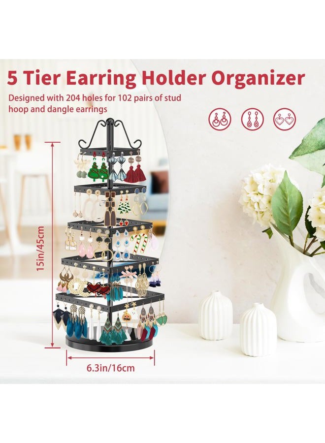 MODOWEY 5 Tiers Metal Rotating Earring Holder Organizer, Exquisite Jewelry Display Stand Necklace Rack Holder, 220 Holes for Earrings- 14x6.3 Inch (Square, Black) - Image 2