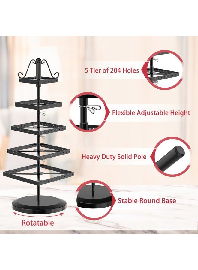 MODOWEY 5 Tiers Metal Rotating Earring Holder Organizer, Exquisite Jewelry Display Stand Necklace Rack Holder, 220 Holes for Earrings- 14x6.3 Inch (Square, Black) - Image 3