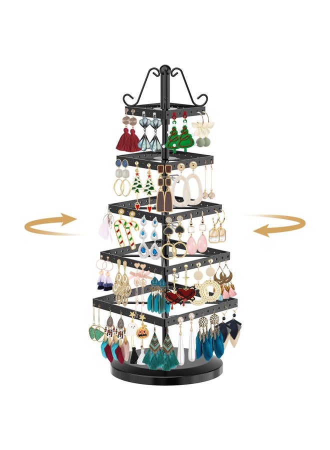 MODOWEY 5 Tiers Metal Rotating Earring Holder Organizer, Exquisite Jewelry Display Stand Necklace Rack Holder, 220 Holes for Earrings- 14x6.3 Inch (Square, Black) - Image 1