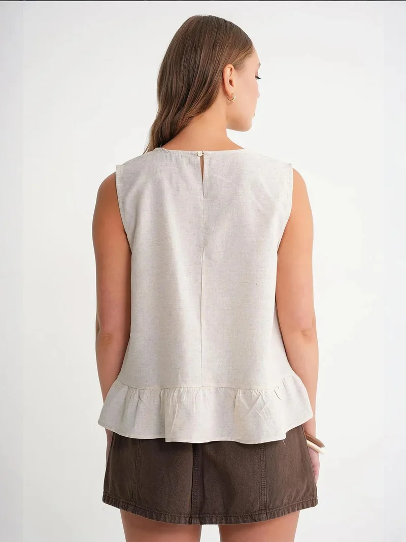 MixRay Beige Natural Mixray Crew Neck Blouse with Bow Detail for Women | Best Price UAE