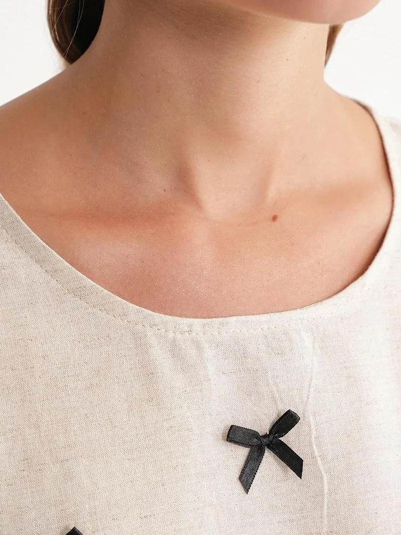 MixRay Beige Natural Mixray Crew Neck Blouse with Bow Detail for Women | Best Price UAE