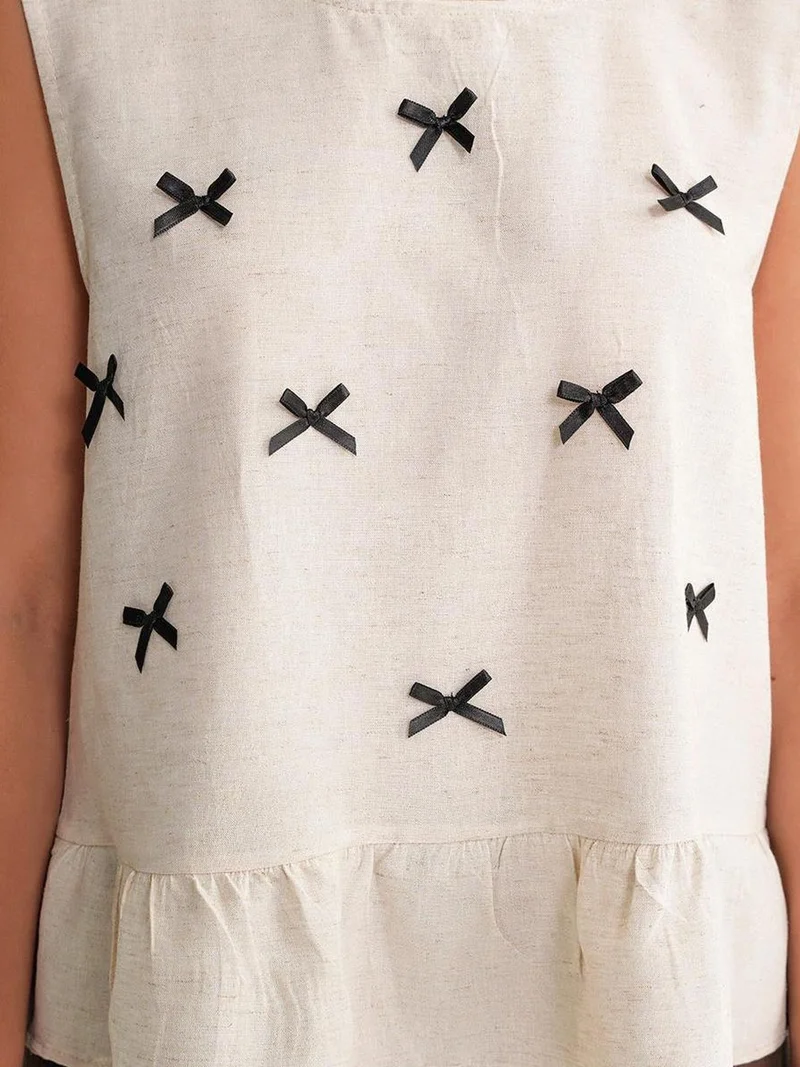 MixRay Beige Natural Mixray Crew Neck Blouse with Bow Detail for Women | Best Price UAE