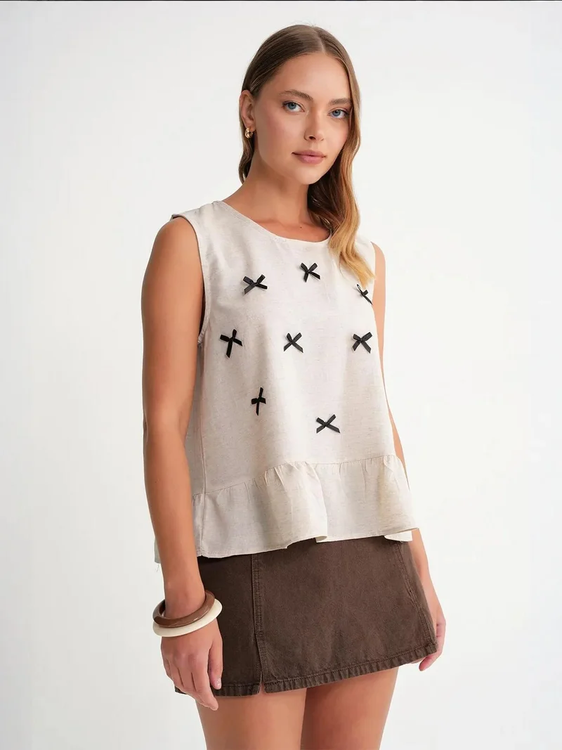 MixRay Beige Natural Mixray Crew Neck Blouse with Bow Detail for Women | Best Price UAE