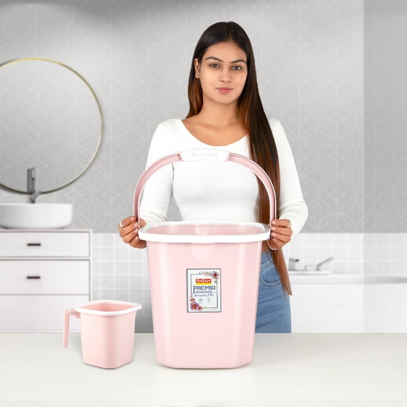 RATAN PLASTICWARE دلو راتان بلاستيك بريميا 18 لتر × 2 كوب 15 لتر × 2 لون دياسو الوردي خفيف الوزن وسهل الحمل مثالي للاستخدام في الحمامات والمطابخ والمناطق الرطبة - Image 3
