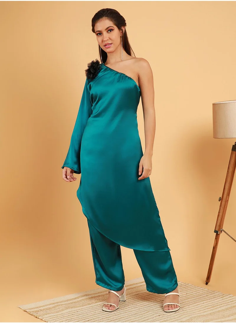 QISSA Women's Pine Green Asymmetrical Flora Co-Ord Set
