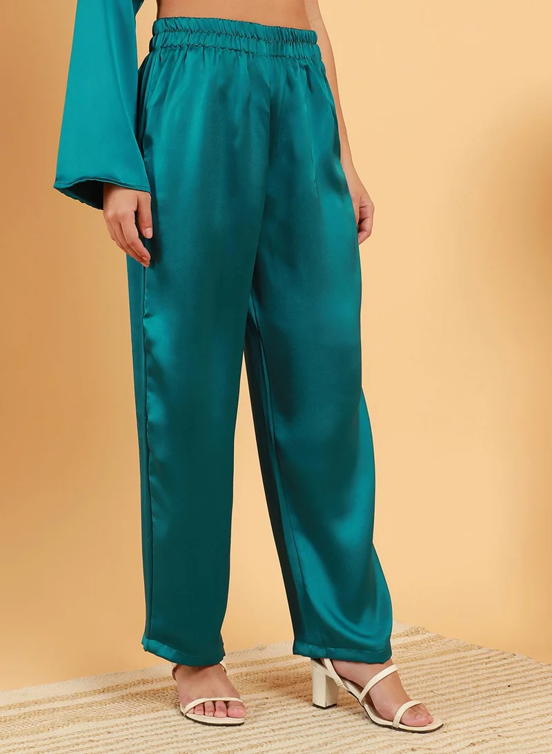 QISSA Women's Pine Green Asymmetrical Flora Co-Ord Set