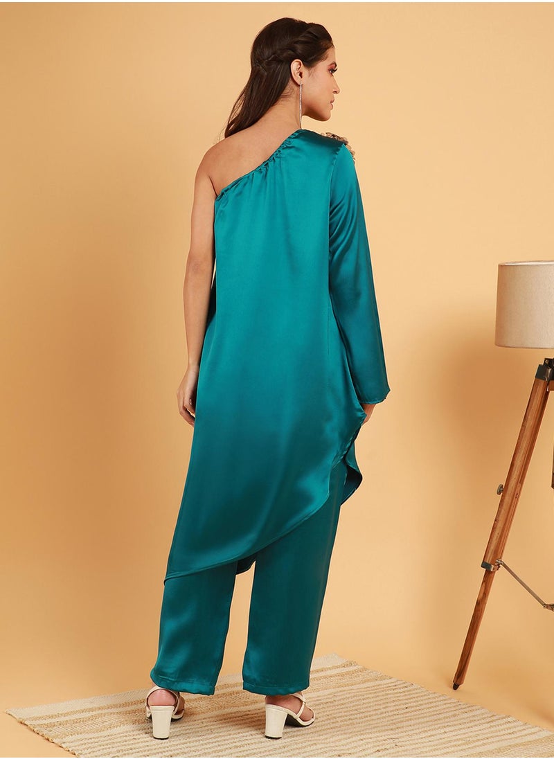  قصة Women's Pine Green Asymmetrical Flora Co-Ord Set  - Image 4