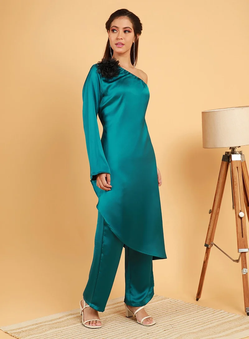 QISSA Women's Pine Green Asymmetrical Flora Co-Ord Set