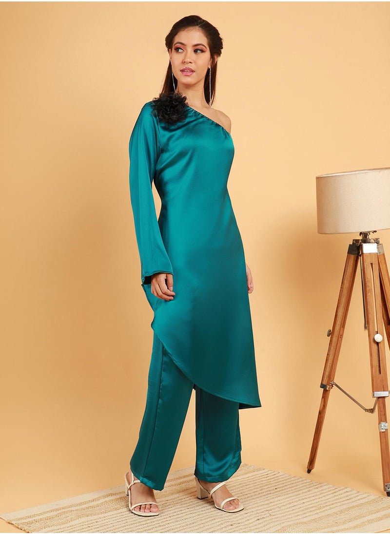  قصة Women's Pine Green Asymmetrical Flora Co-Ord Set  - Image 3
