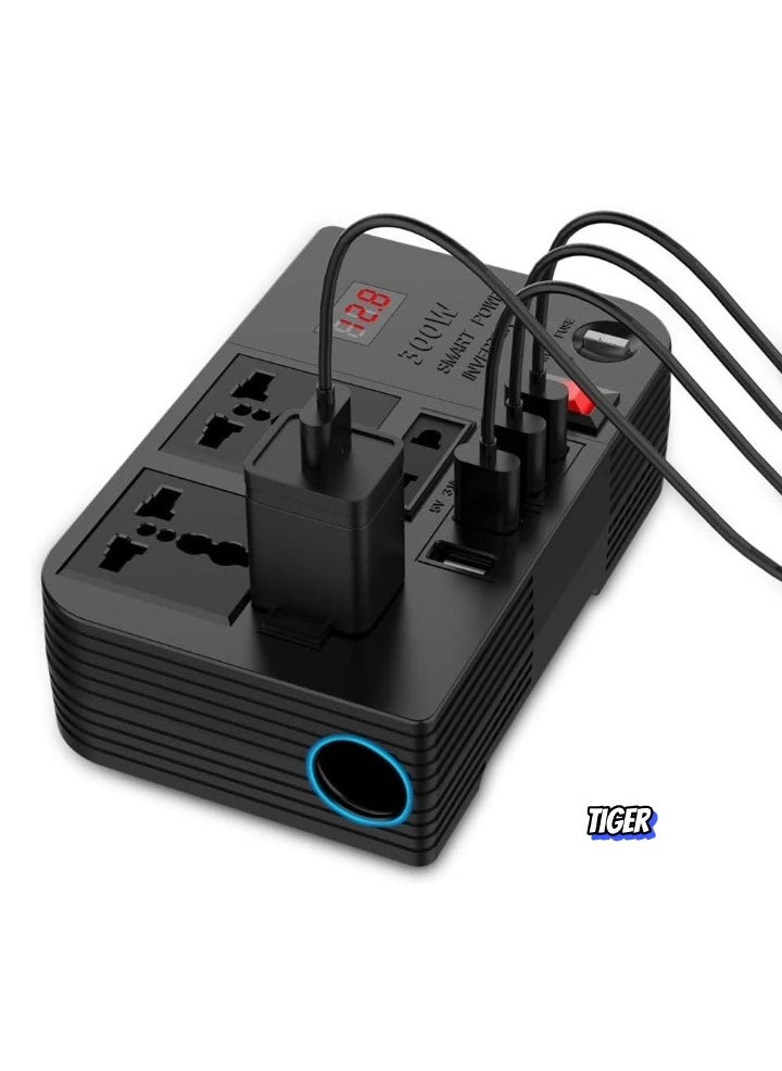 TIGER 300W Car Inverter – Power Up Your Devices with 12V/24V DC to 220V AC Conversion, 4 Quick Charge USB Ports, Compact and Efficient Power Solution for Travel, Camping, Road Trips, and Emergency Use  - Image 1