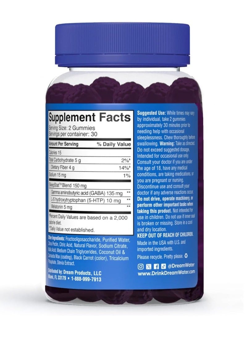 Dream Water Sleep Gummies With 5mg Melatonin, GABA & 5-HTP – Sugar-Free Sleep Support Gummies, Snoozeberry Flavor (60 Gummies) - Image 3