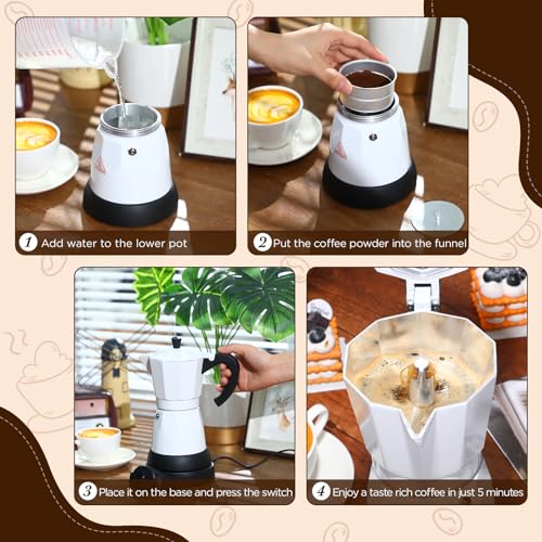 Lemosae Coffee Pot 6 Cup Electric Espresso Coffee Maker Italian Moka Maker 300ml Portable Aluminum Espresso Machine Cafetera Moka Pot with Detachable Base, Gift for Home Travel(White) - Image 5
