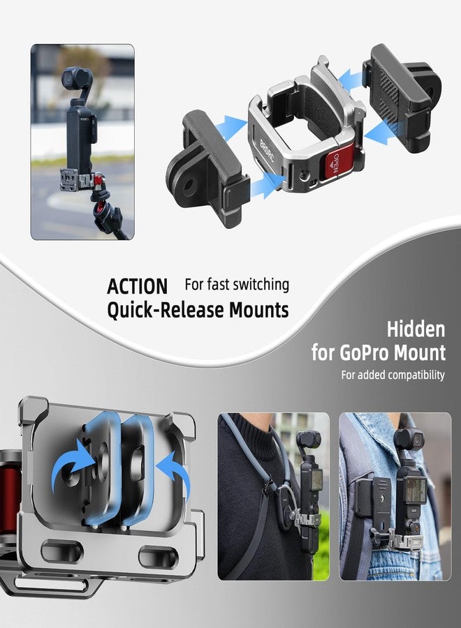 BRDRC محول توسيع قفص BRDRC Pocket 3، وأقواس تثبيت معدنية من سبائك الألومنيوم مع فتحات براغي 1/4 بوصة لمحول GoPro، وحامل بارد، وخاصية التحرير السريع لكاميرا Osmo Action Creator - Image 3