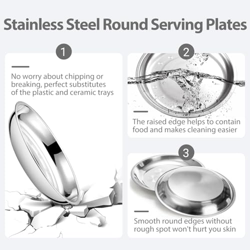 WUWEOT 10 Pack Stainless Steel Dinner Plates, 10" Round Kitchen Metal Dish Plates, Rust-Proof Camping Serving Plates for BBQ, Snack, Salad, Appetizer, Fruit, Cookies - Image 3