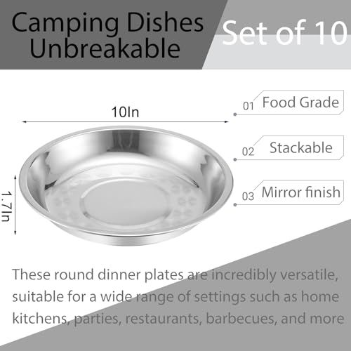WUWEOT 10 Pack Stainless Steel Dinner Plates, 10" Round Kitchen Metal Dish Plates, Rust-Proof Camping Serving Plates for BBQ, Snack, Salad, Appetizer, Fruit, Cookies - Image 2