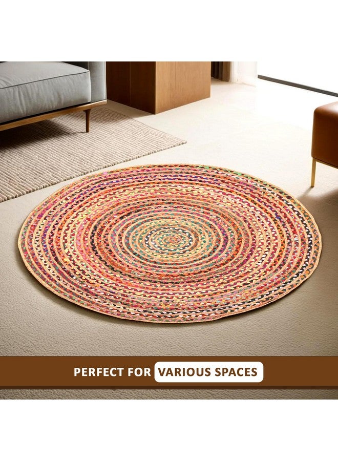 Kuber Industries سجادة جوت دائرية مزدوجة من كوبر إندستريز 4x4 قدم للمنزل وغرفة النوم | سجادات أرضية جمالية لغرفة المعيشة | خطوط - وردي - Image 4