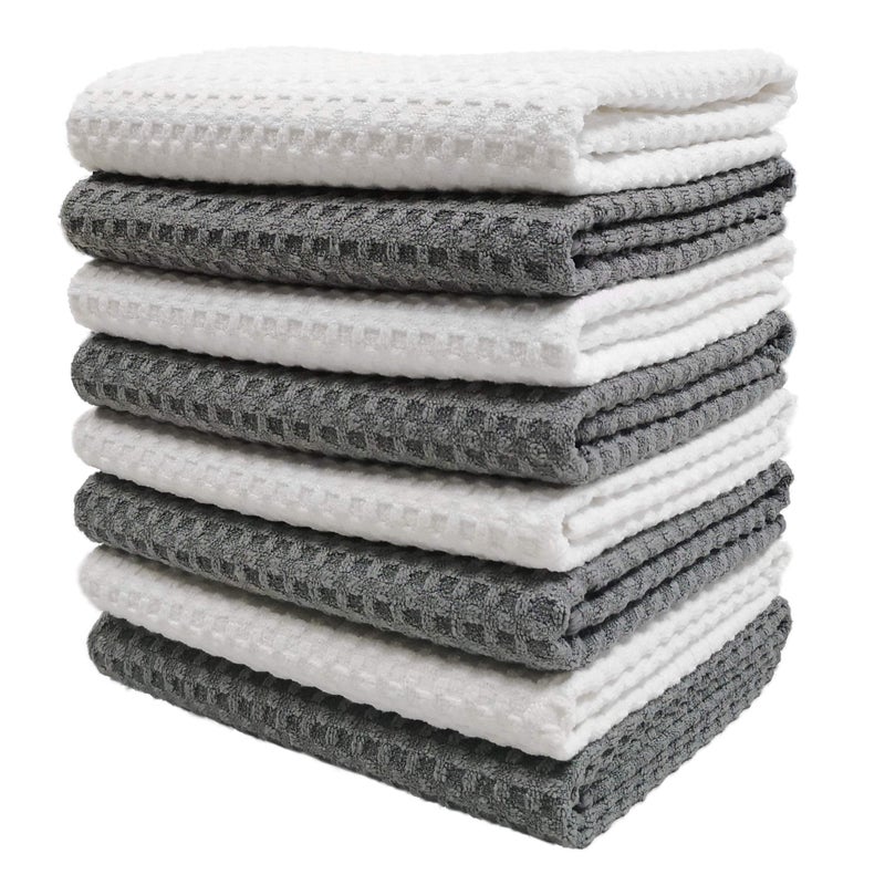 POLYTE Ultra Premium Microfiber Kitchen Dish Hand Towel Waffle Weave 8 Pack 16x28 in Gray White