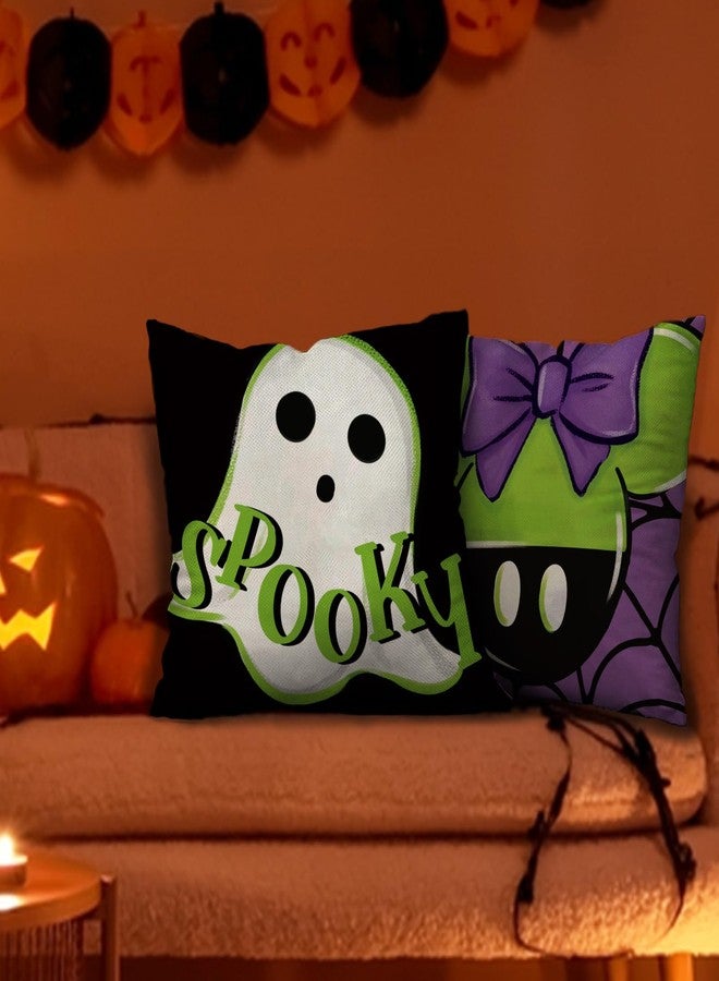 Fjfz Halloween Decorative Throw Pillow Covers 18 x 18 Set of 4, Spooky Ghost Mummy Boo Porch Outdoor Home Decor, Purple Black Funny Spider Web Couch Cushion Case - Image 4
