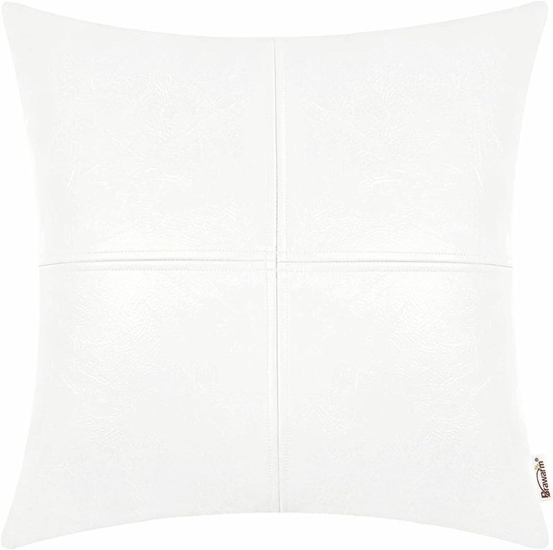 BRAWARM Faux Leather Throw Pillow Covers 22 X 22 Inches, White Leather Pillow Cover, Hand Stitched Leather Decorative Pillow Cover for Couch Sofa Bed Living Room Home Garden - Image 1