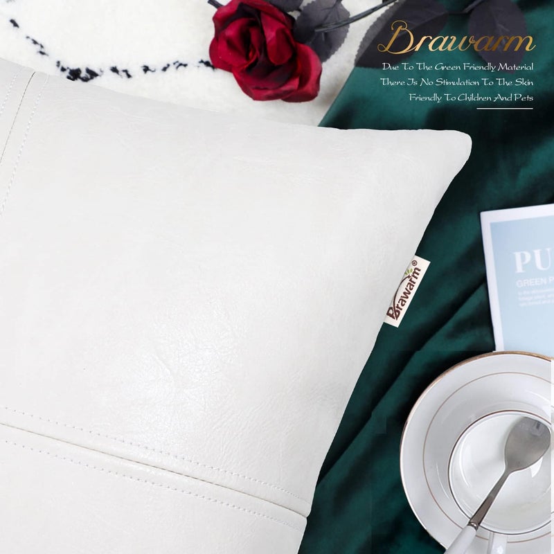 BRAWARM Faux Leather Throw Pillow Covers 22 X 22 Inches, White Leather Pillow Cover, Hand Stitched Leather Decorative Pillow Cover for Couch Sofa Bed Living Room Home Garden - Image 5