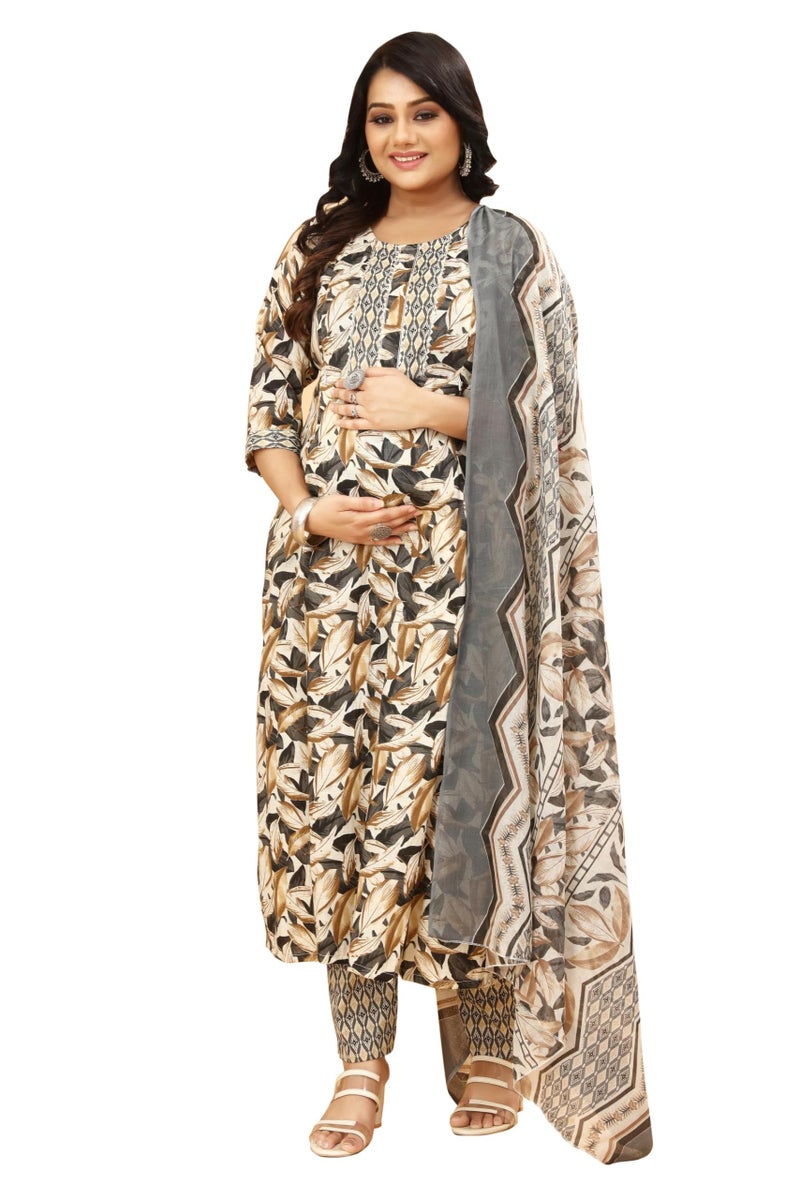 SKY FAB Women Viscose Rayon Anarkali Maternity and Nursing Kurta Set with Dupatta - Beige, Black, and Grey Floral and Geometric Pattern, 3/4 Sleeves, Comfortable Fit - Image 1