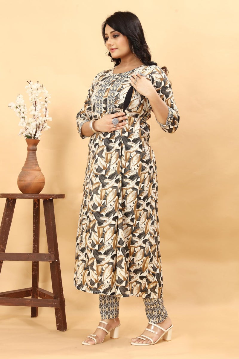 SKY FAB Women Viscose Rayon Anarkali Maternity and Nursing Kurta Set with Dupatta - Beige, Black, and Grey Floral and Geometric Pattern, 3/4 Sleeves, Comfortable Fit - Image 4