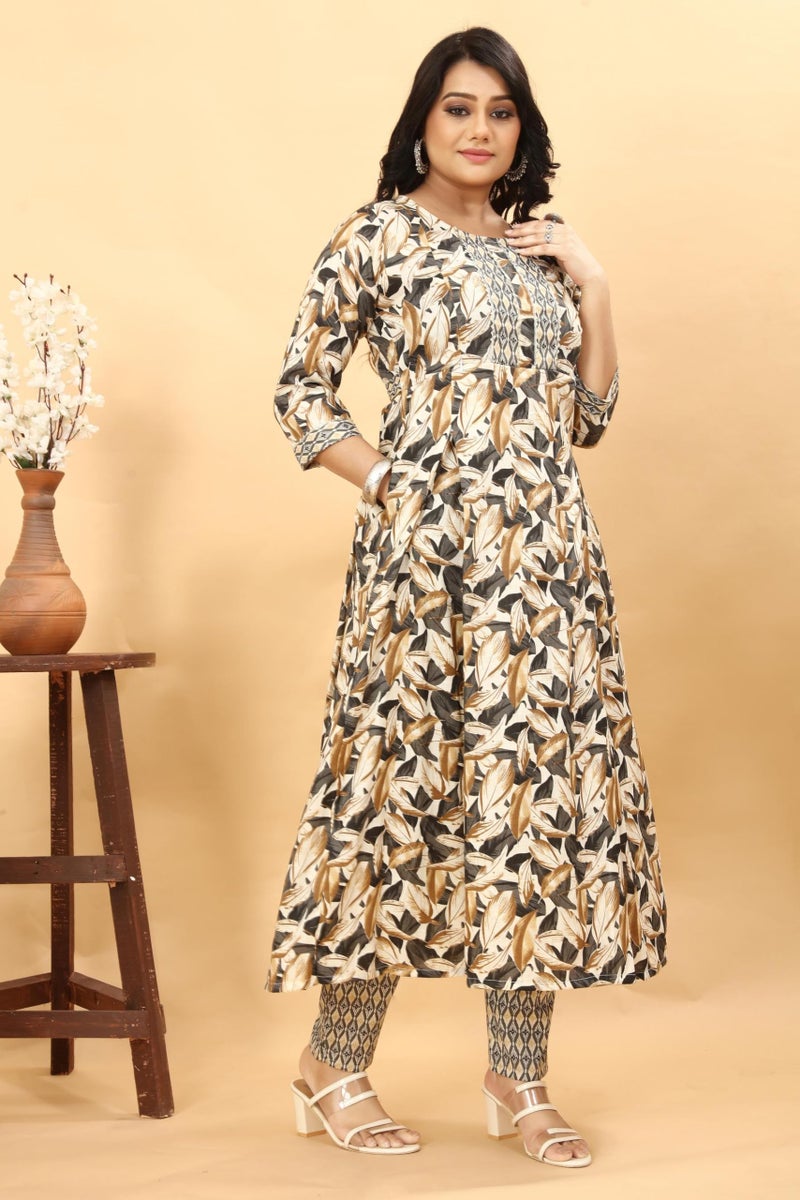 SKY FAB Women Viscose Rayon Anarkali Maternity and Nursing Kurta Set with Dupatta - Beige, Black, and Grey Floral and Geometric Pattern, 3/4 Sleeves, Comfortable Fit - Image 3