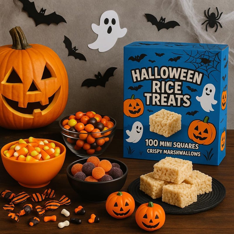 Rice Crispies Marshmallow Treats Mini Squares Halloween 100 Pack - Individually Wrapped Trick Treat Kids Snack Gift - Image 2