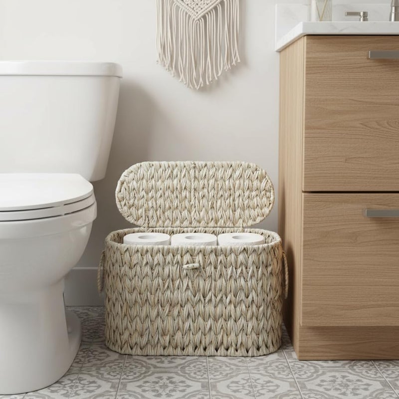 Coeusy Toilet Paper Basket,Wicker Toilet Paper Storage with Lid,Decorative Boho Wicker Basket for Bathroom,Free Standing-Cream White - Image 2