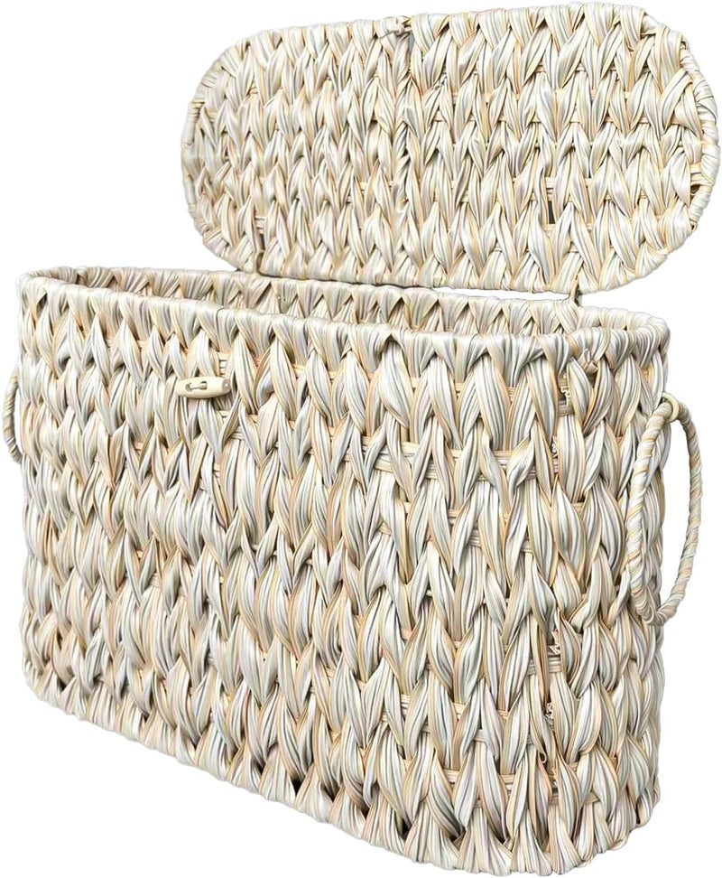 Coeusy Toilet Paper Basket,Wicker Toilet Paper Storage with Lid,Decorative Boho Wicker Basket for Bathroom,Free Standing-Cream White - Image 1