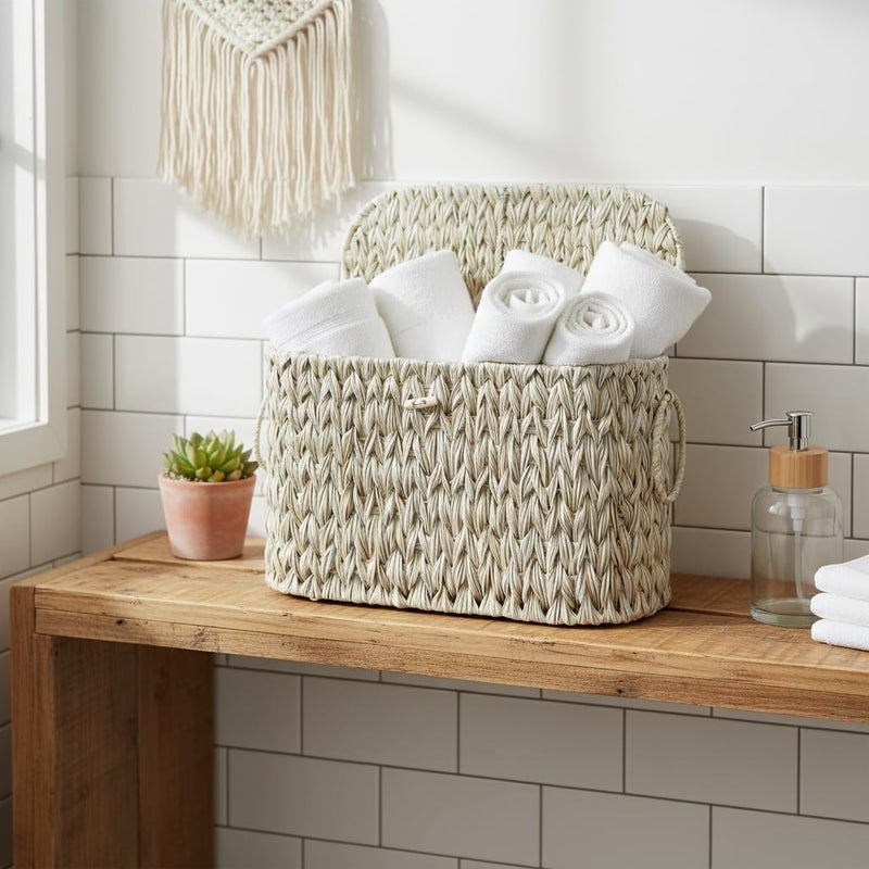 Coeusy Toilet Paper Basket,Wicker Toilet Paper Storage with Lid,Decorative Boho Wicker Basket for Bathroom,Free Standing-Cream White - Image 3