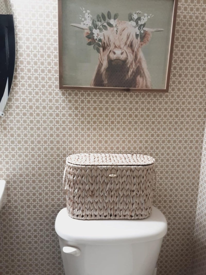 Coeusy Toilet Paper Basket,Wicker Toilet Paper Storage with Lid,Decorative Boho Wicker Basket for Bathroom,Free Standing-Cream White - Image 5