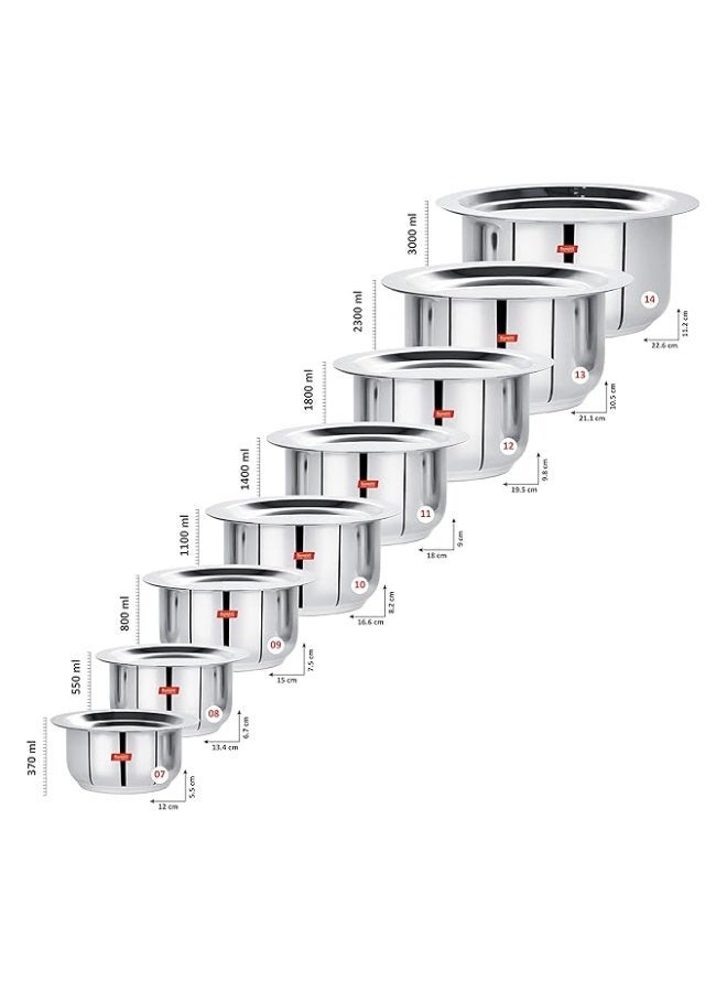 Sumeet Stainless Steel Tope/patila/cookware With Lids, 370ML, 550ML, 800ML, 1100ML,1400ML, 1800ML, 2300ML, 3000ML, 8 Piece (Steel) - Image 3