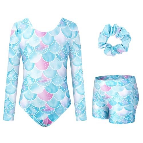 JiAmy Leotards for Girls Gymnastics, Long Sleeve Sparkly Dance Biketards with Shorts Ballet Tumbling Outfit Blue 9-10 Years - Image 1