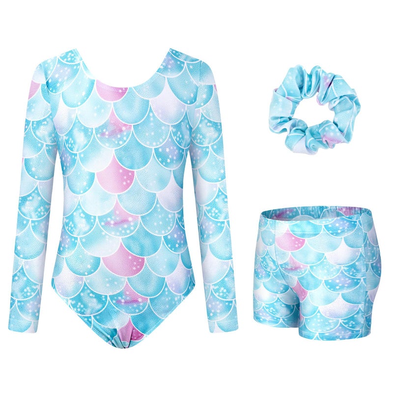 JiAmy Leotards for Girls Gymnastics, Long Sleeve Sparkly Dance Biketards with Shorts Ballet Tumbling Outfit Blue 9-10 Years - Image 5
