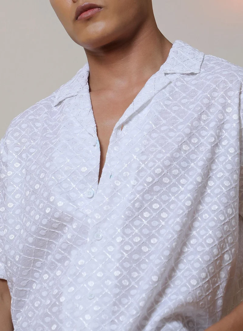 CAHOOT  Men's Chalk White Embroidered Circular Shirt for Men | Best Price UAE