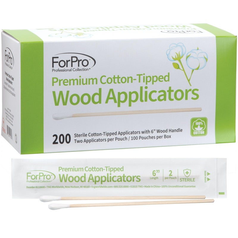 ForPro Professional Collection ForPro Premium Cotton-Tipped Wood Applicators, 200-Count Sterile Cotton Swabs with 6" Wood Handle for Medical, Personal Care, Travel, Individually Wrapped in Pairs - Image 1