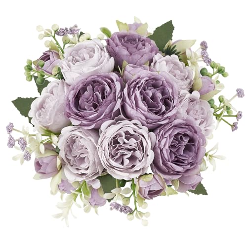 Mkono Peonies Artificial Flowers Small Silk Flowers for Home Decor Indoor Fake Bouquet Faux Floral Arrangements Dining Table Centerpieces for Kitchen Party Decor Purple - Image 1