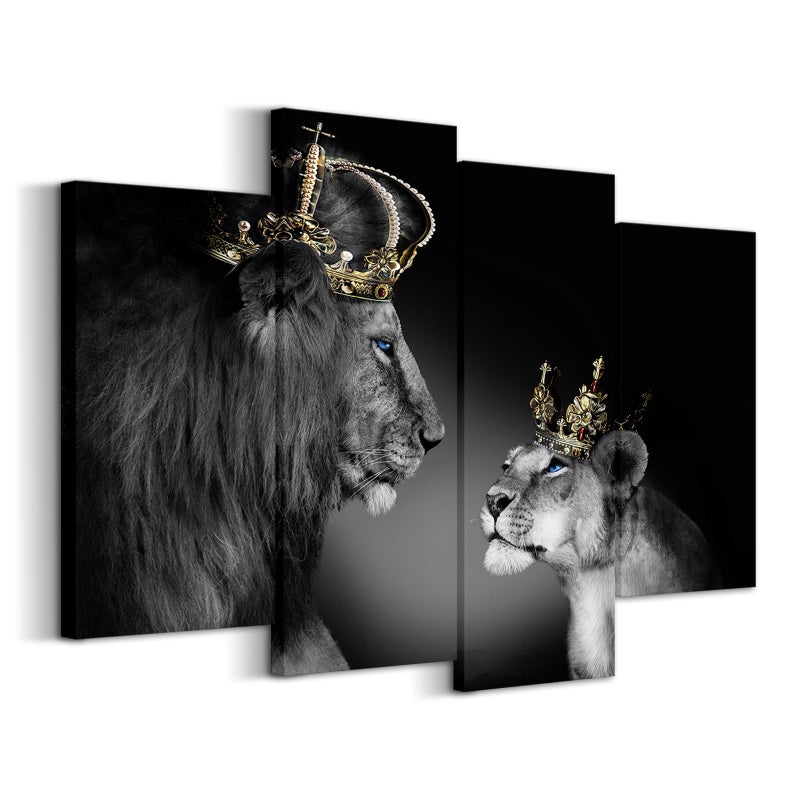 iKNOW FOTO Large 4 Panel Wall Decor The Lion King and Queen with Crown Wall Art African Wild Animals Canvas Prints Pictures Black and White Modern Giclee Framed Artwork for Master Room Ready to Hang 48x33inch