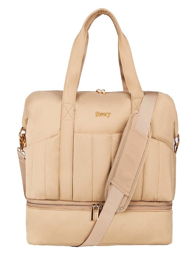 Stuery Lightweight Puffer Gym Bag for Women: Small Carry on Tote Bag for Travel with Shoe Compartment & Wet Pocket, Overnight Weekender Duffel for Airplane Traveling Girls & Teens, Khaki - Image 1